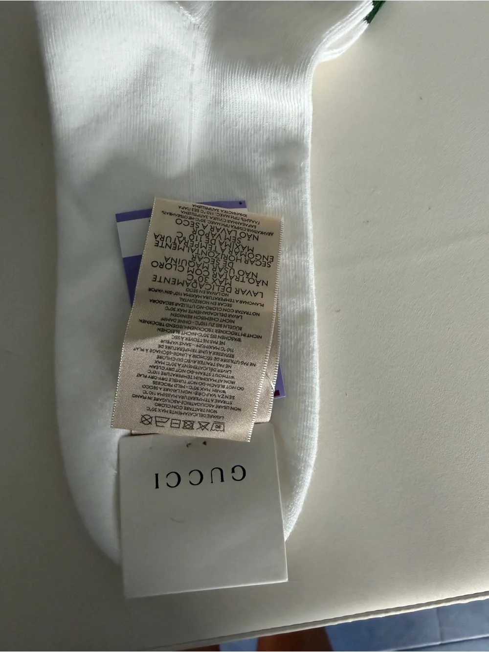 Gucci White Crew Socks with Green and Red Stripes and Tiger Patch
